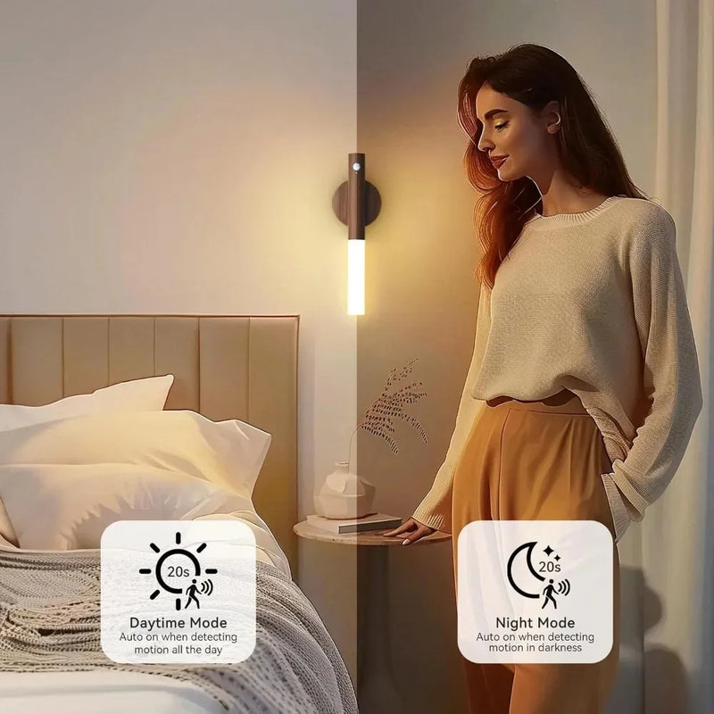 ភ្លើងបំភ្លឺពេលយប់ LED ១/២/៣/៤ ដុំ ភ្លើងជញ្ជាំងគ្រាប់ឈើ ចង្កៀងចាប់សញ្ញាចលនា ម៉ាញេទិកអាចសាកបាន សម្រាប់បន្ទប់គេង ជណ្តើរ ច្រករបៀង