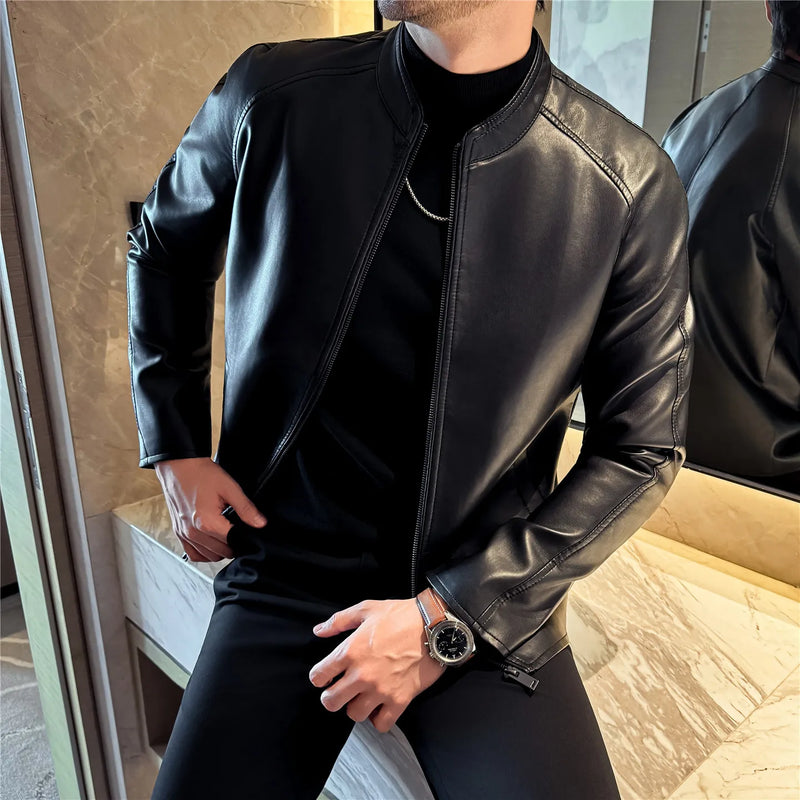 Men's Premium Motorcycle PU Leather Jacket, Slim Fit Stand Collar Biker Style, Black Fashion Motorcycle Jacket
