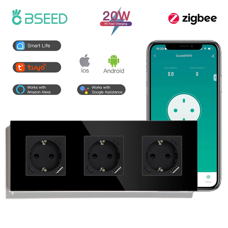 BSEED Zigbee Smart Socket 20W Fast Charge USB Type-C Phone Charge Port Glass Panel Tuya Google Home Alexa Control