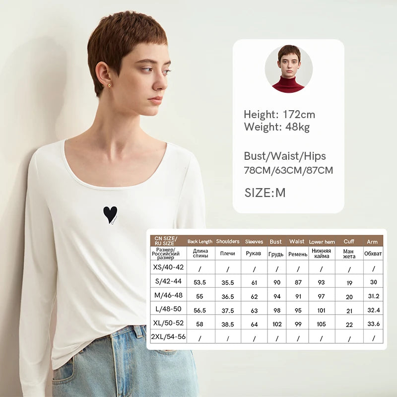 Amii Women's Casual T-shirt 2026 Autumn New Contrast Color Print U-neck T-shirt Female Cotton Basic Long Sleeve Top 12611034