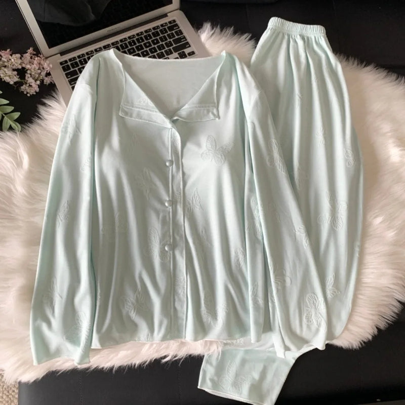 Women's Pajamas Set 2 Piece Chest Pads Sleepwear Casual Loungewear for Spring Autumn Long Sleeve Soft Home Wear Pyjama Femme