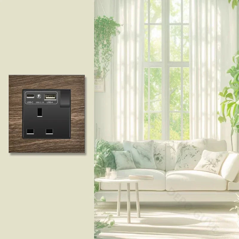 UK 18W Type-C Quick charge Dual Power Outlet,Universal Retro Wood Grain Electrical USB Socket,220V Electrical  Wall Light Switch