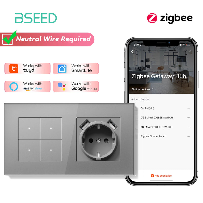 BSEED 1/2/3/4Gang Zigbee Smart Click Button Switch With EU Socket Glass Panel White LED Indicator Tuya Smart Life Alexa Control
