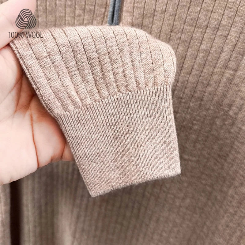100% Cashmere Wool Sweater, Semi-Zip Placket Ribbed Texture, Soft Non-Irritating, 7 Colors M-4XL Business Casual