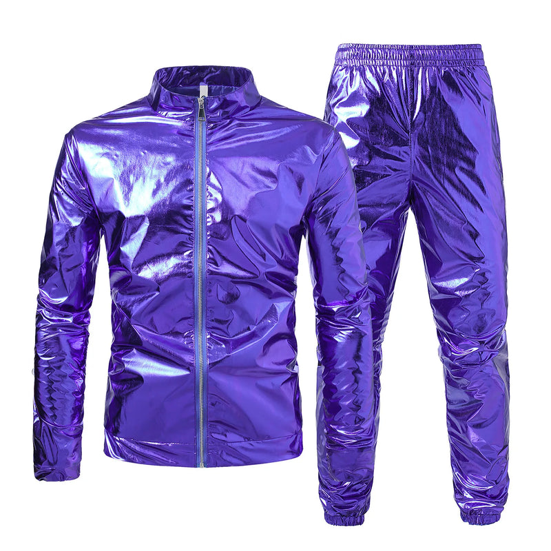 Gold Men's Stage Performance,Shiny Loose Long Sleeve Top With Long Pants,Silver Fashion Casual Suit
