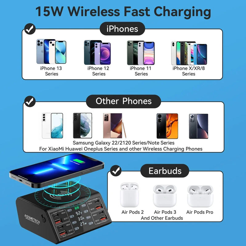 ឆ្នាំងសាកឥតខ្សែ 100W QC PD3.0 USB ឆ្នាំងសាកឥតខ្សែ សាកលឿន 8 រន្ធ ឆ្នាំងសាកលឿន សម្រាប់ iPhone 12 13 Xiaomi