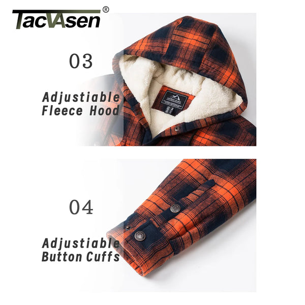 TACVASEN Sherpa Lined Flannel Jacket Mens Heavyweight Hooded Fleece Jacket Thicken Warm Button Down Plaid Jacket Outwear Coats
