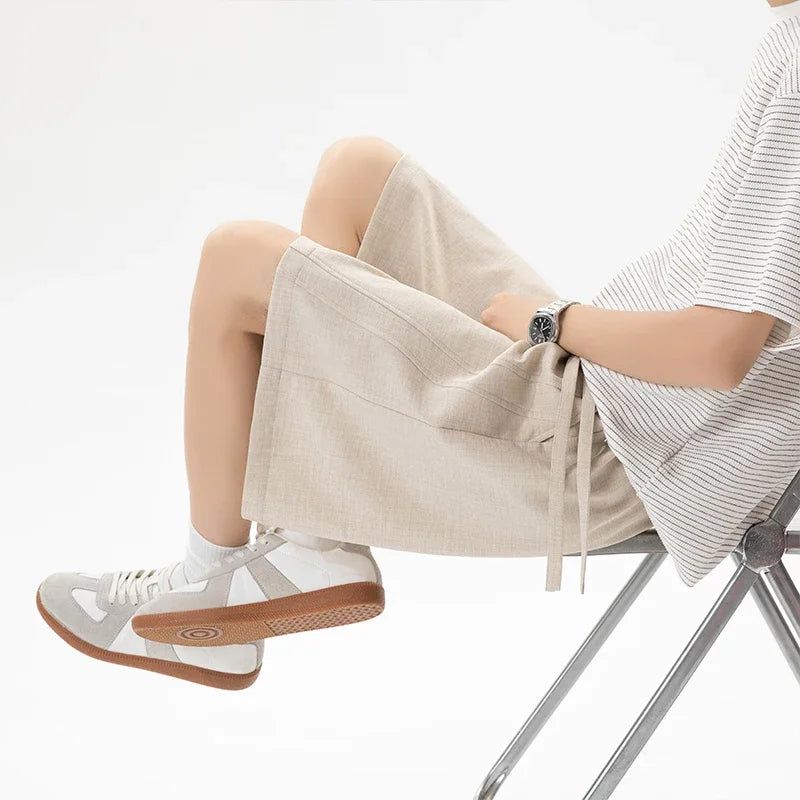 Light Textured Casual Shorts Men Knee Length Elastic Waist Drawstring Outdoor Leisure Essential Daily Wear Bottoms
