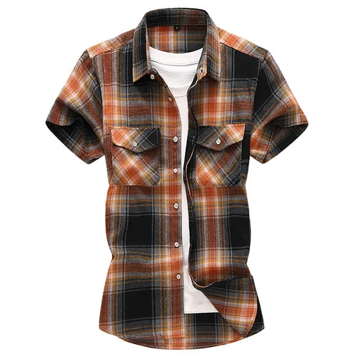 Men Red Striped Plaid Short-sleeved Shirt, Single-breasted Square Collar Cotton Shirts Summer Fashion Casual Camisa Men Chemise