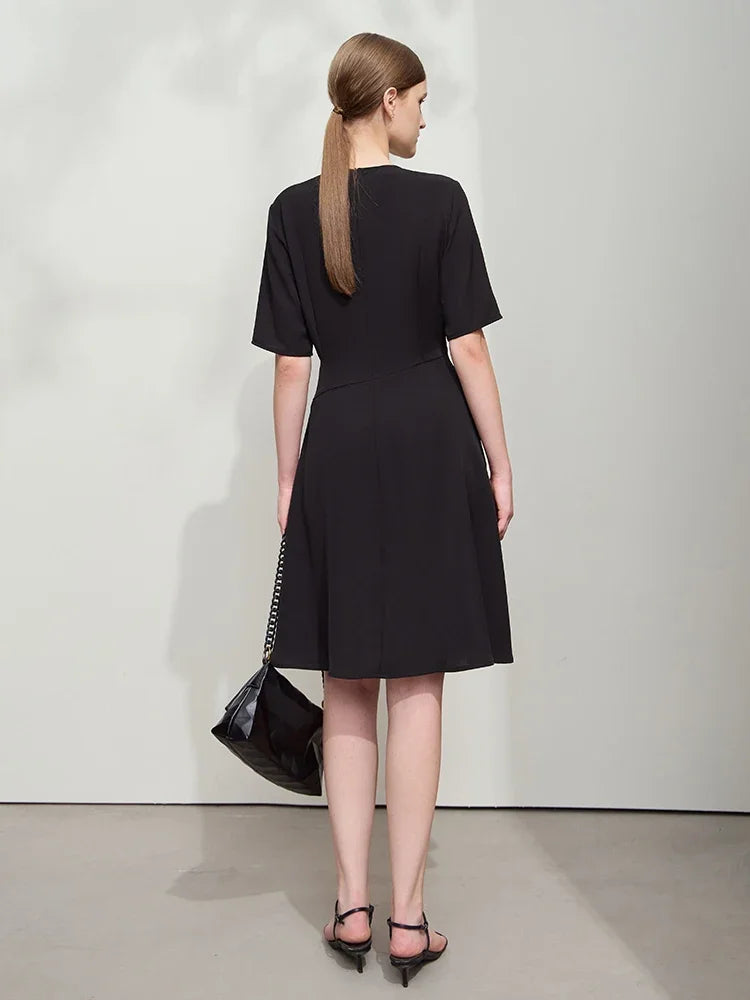 AMII Minimalist Dress Women 2026 Autumn New Basics Office Lady O-Neck Lace Splicing Short Sleeve Knee-length Dresses 12521028