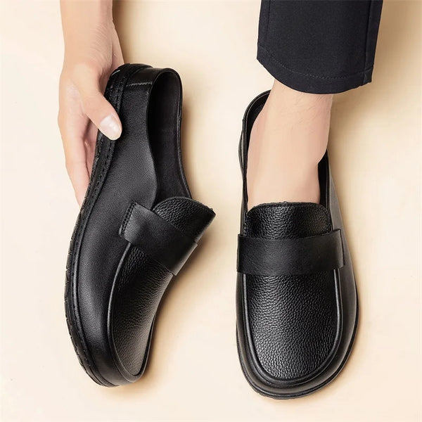 Men Wide Toe Pebble Grain Leather Backless Loafers Closed Toe Slip on Roomy Toe Box Mules Wide Fit Half Shoes Soft Comfort
