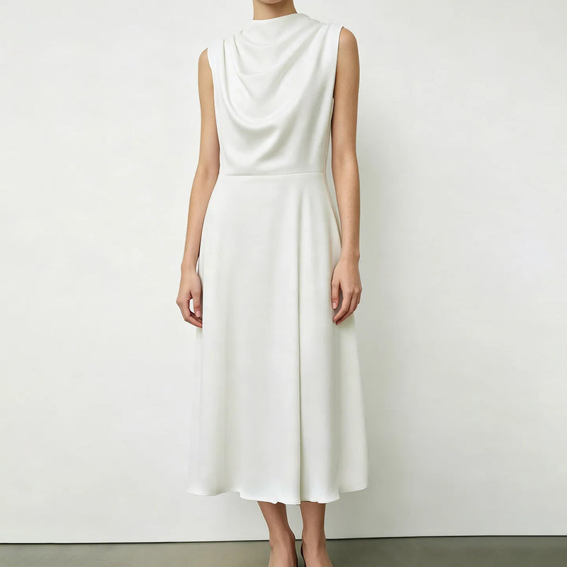 Amii Satin Women's Dress 2026 Summer New Solid Color Sleeveless Elegant Cowl Neck Casual  A-Line Midi Dress for Women 12642219