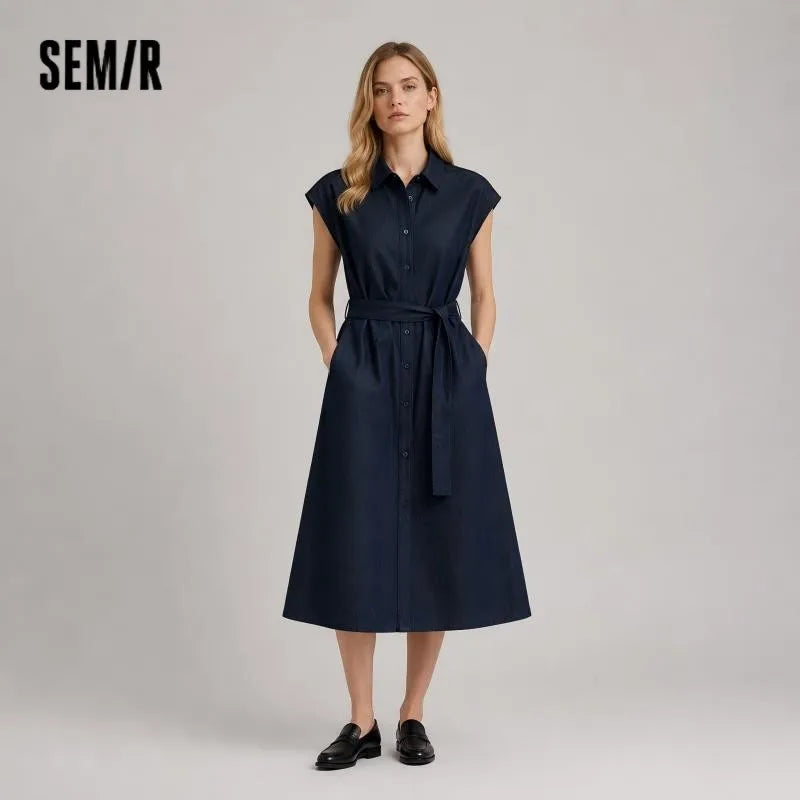 Semir Women Dress Denim Knot Waist Cinching Bow Cool Feeling Stylish Design Midi 2026 Summer Casual Fashion Top