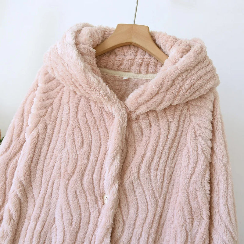 Flannel Thickened Robes for Woman Sleepwear Winter New Coral Fleece Bathrobe Female Loungewear Ladies Hooded Dressing Gown