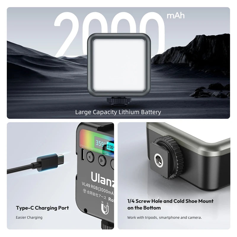 ភ្លើងវីដេអូ Ulanzi VL49 RGB Mini LED 2000mAh 2500K-9000K ភ្លើងថតរូបចល័ត Vlog បំពេញពន្លឺសម្រាប់កាមេរ៉ា DSLR SLR