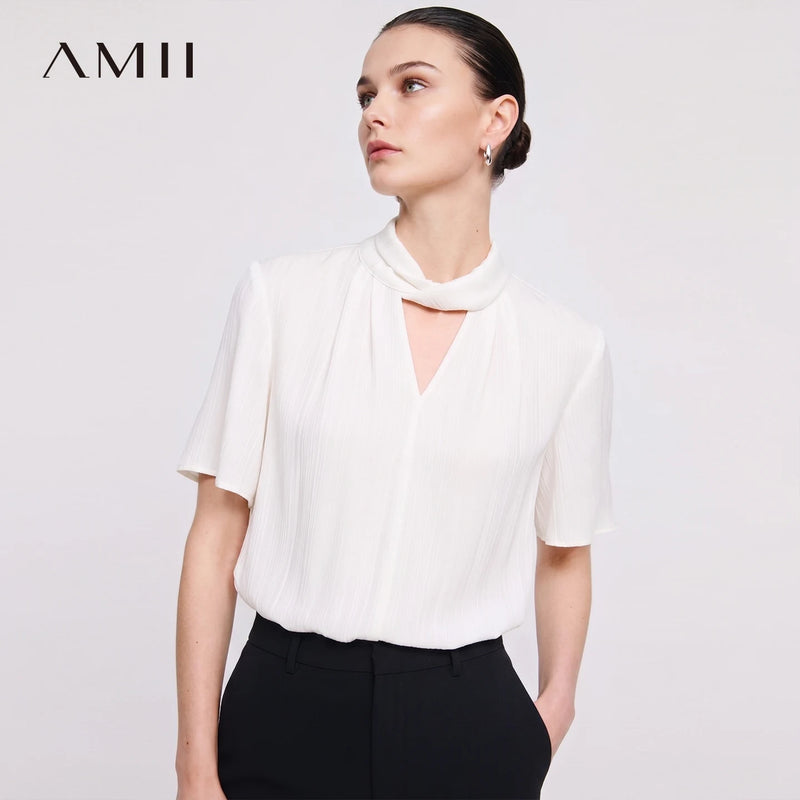 Amii Women's Blouse 2026 Summer New Twist Neck Cutout Jacquard Chiffon Top Elegant Office Flare Sleeve Shirt For Women 12622071