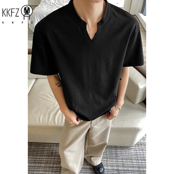 Mens Stand Collar Half Open Short Sleeve Blouse Lightweight Thin Fabric Relaxed Fit Outdoor Vacation Tees