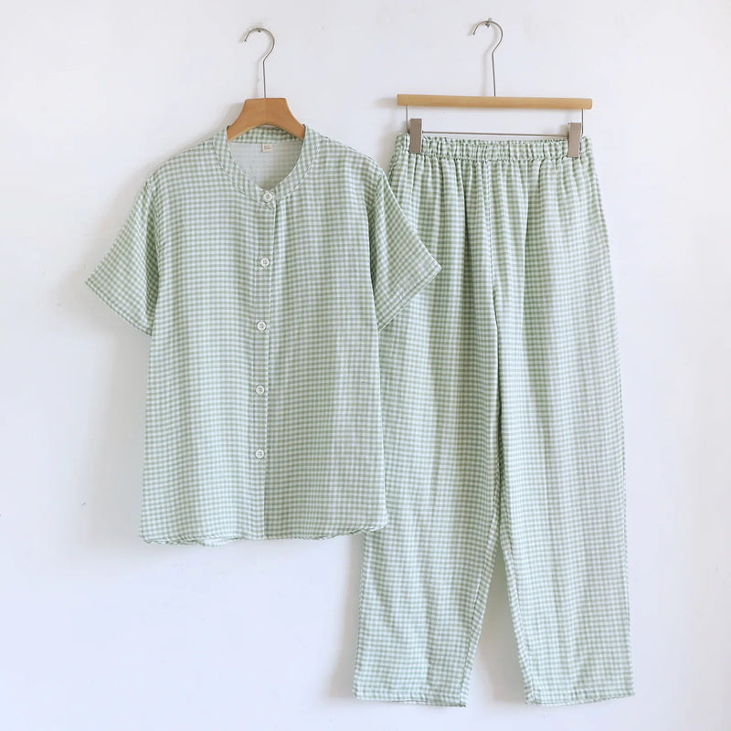 Plaid Sleepwear Clothes For Men's and Women's Cotton Summer Short Sleeved Long Pants Two-Piece Pajamas Set Couple Home Clothes