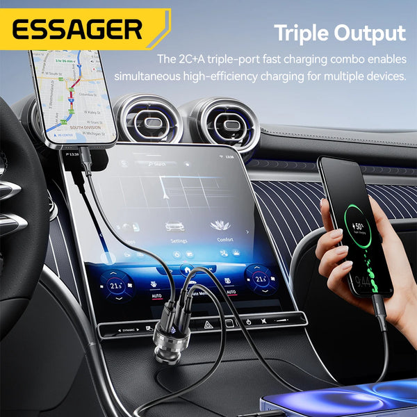 ឆ្នាំងសាករថយន្ត Essager 108W 3 រន្ធ USB ឌីជីថល PD3.0 សាកថ្មលឿន Quick Charge 3.0 Adapter សម្រាប់ iPhone 16 15 Xiaomi Samsung