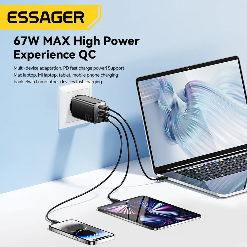ឆ្នាំងសាក Essager GaN 67W USB C ឆ្នាំងសាកលឿន 4.0 3.0 PD 3.0 ប្រភេទ C PD ឆ្នាំងសាក USB សម្រាប់ iPhone 17 16 15 Pro MacBook Huawei កុំព្យូទ័រយួរដៃ