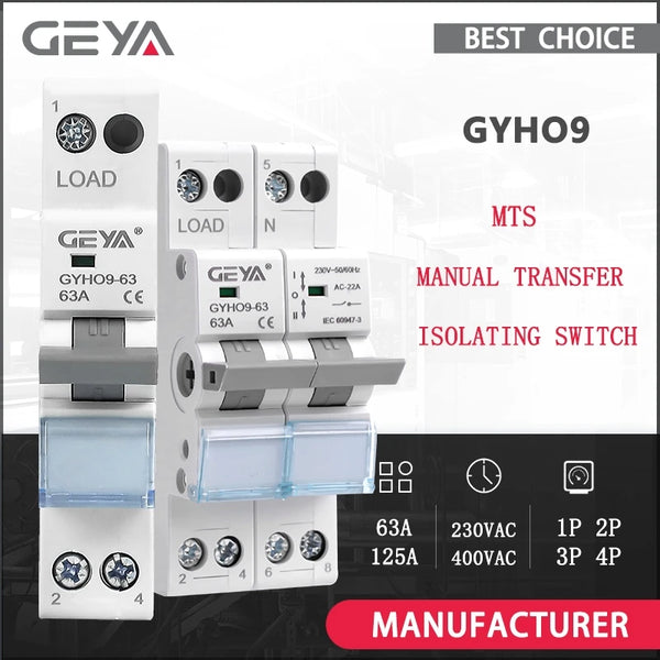 កុងតាក់ផ្ទេរដោយដៃ GEYA GYHO9 ជាមួយសូចនាករ 63A 125A MTS ថាមពលពីរ កុងតាក់ញែកបំលែងដោយដៃ