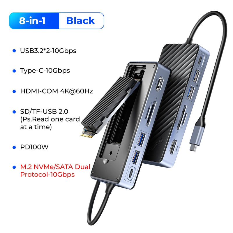 ORICO M.2 NVMe SATA SSD Enclosure External 10Gbps 4K 60Hz HDMI-Com RJ45 SD/TF Docking Station USB C HUB with Cooling Fan