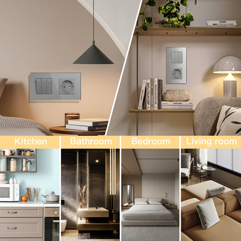 BSEED Mechanical Wall Button Switch 1/2/3Gang 1Way With Wall Power Socket Glass Frame USB Type-C Charge Port Home Improvement