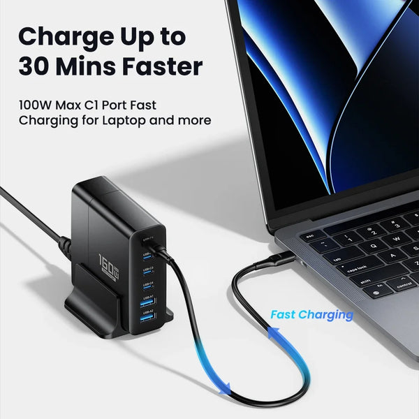 ស្ថានីយសាកថ្មលឿន GaN USB C 160W PPS PD QC សាកថ្មលឿន 6 រន្ធ សម្រាប់ MacBook iPad iPhone 14 13 Samsung Laptop