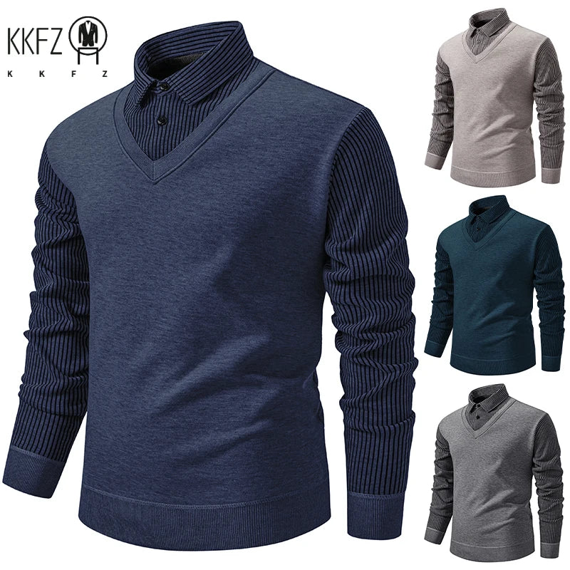 Daily Casual Male Knitted Pullover Fake Two Piece Waistcoat Fleece Lined Vertical Stripe Shirt Collar Slim Long Sleeve Garment