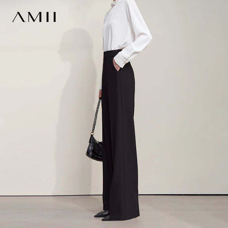 ខោ AMII សម្រាប់នារីសាមញ្ញបំផុត រដូវស្លឹកឈើជ្រុះ ឆ្នាំ២០២៥ សម្រាប់ធ្វើដំណើរ អាជីវកម្ម ខោពណ៌ខ្មៅប្រណីត ខោជើងធំលាតសន្ធឹងបន្តិច 12553010