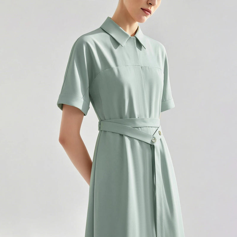 Amii Women's Casual Dresses 2026 Summer New Lapel Collar Dolman Sleeve With Belted Loose Office Shift Dress For Women 12642200