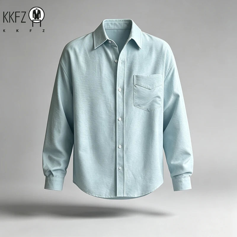 Mens Simple Button Front Long Sleeve Shirt Turn Collar Single Pocket Loose Oversized Fit Daily Outer Garment