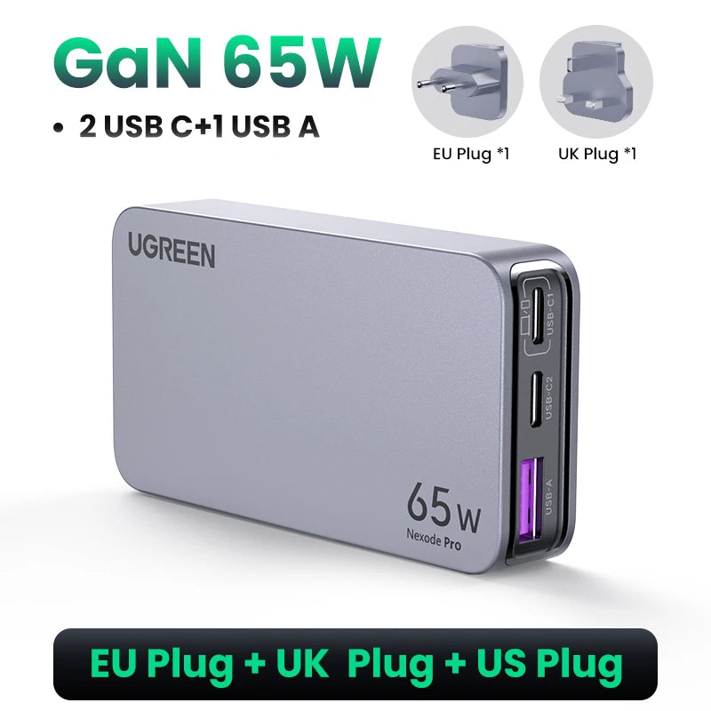 UGREEN 65W GaN Charger Quick Charge 4.0 3.0 USB C Charger For iPhone 17 16 15 Pro PD 3.0 Fast Charger For Macbook Laptop Tablet