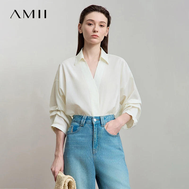 AMII Minimalist Women Loose Shirt 2026 Summer Commuter Light Luxury V-Neck Colla Cotton Top Three-Quarters Sleeve Tops 12512055