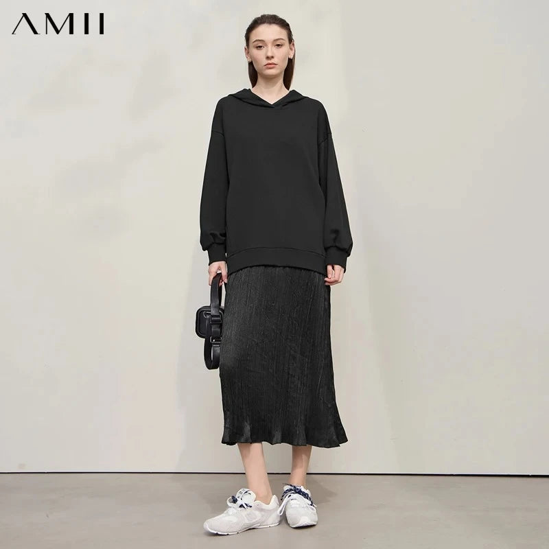 Amii Womens Dresses 2026 Autumn New Casual Patchwork Dresses for Woman A-Line Loose Hooded Long Sleeve Ladies Clothing 12553054