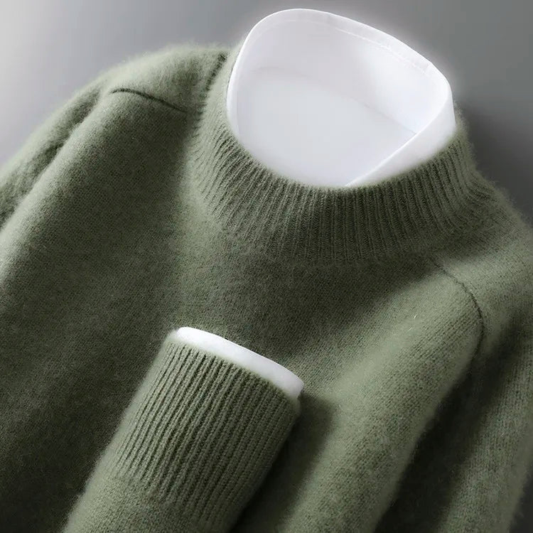 100% Australian Wool Men's New Half Turtleneck Sweater, Flat Seven-Needle Thickened Saddle Shoulder Half High Pullover