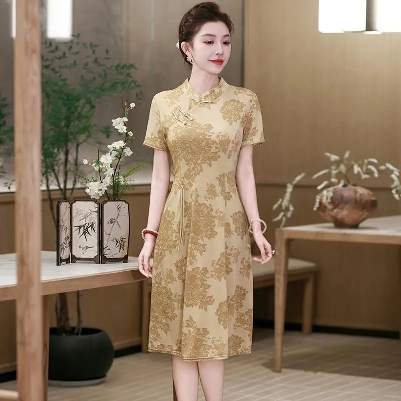 រ៉ូប Cheongsam រដូវក្តៅ កអាវផ្កាបាក់ សម្លៀកបំពាក់នារី រ៉ូបចង្កេះរាងអក្សរ A បែបចិនបុរាណ
