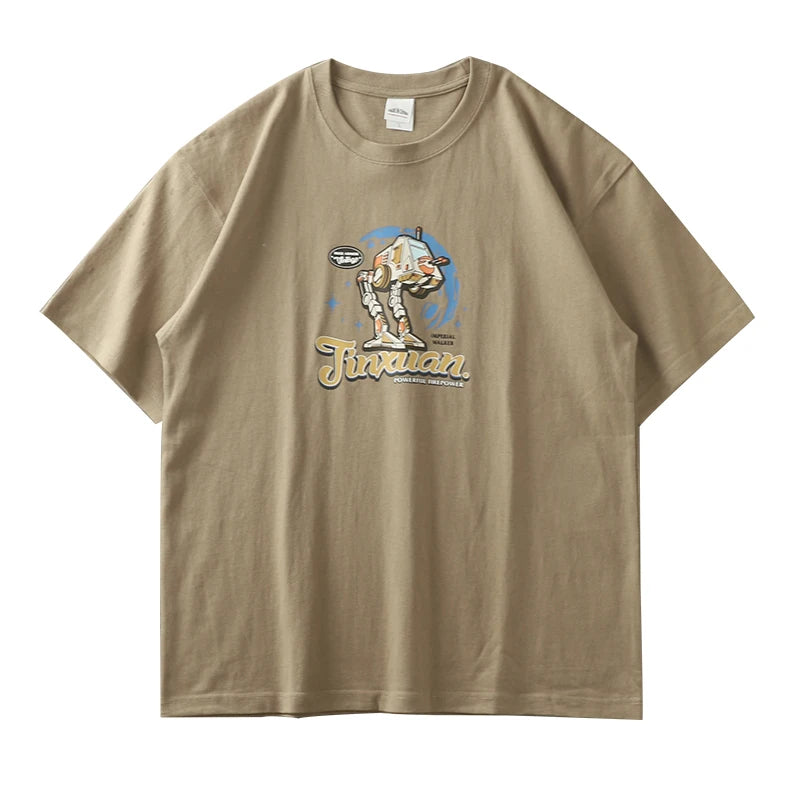 Dukeen 320g Heavyweight Oversized Short-Sleeved T Shirt Men Summer Plus Size Cotton Robot Printing Tees Couples
