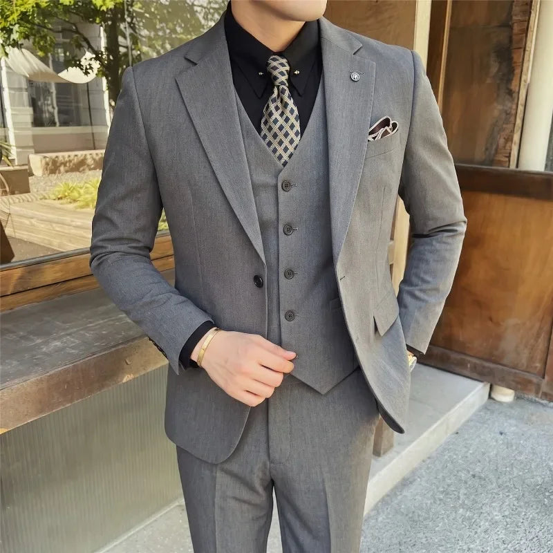 Men's Classic Solid Color Suit Set (Jacket, Vest & Pants) - Durable Anti-Crease Fabric Two-Button Blazer Wedding & Office Wear