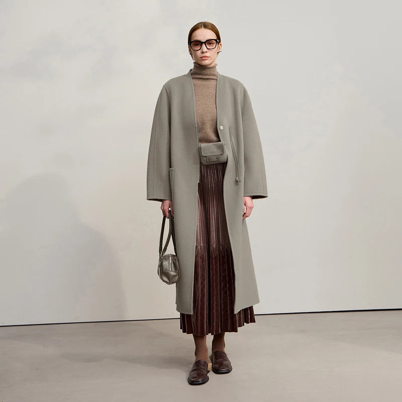 AMII 100% Wool Women's Jacket Coat 2026 Winter New Long Zipper Woolen Coat Woman With Belt Double-sided Tweed Jacket 12544007