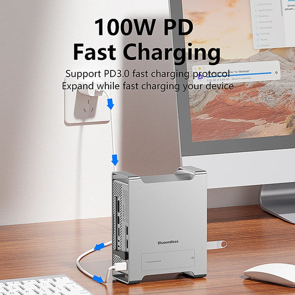 ស្ថានីយ៍ចត Blueendless Type C HUB សម្រាប់ Mac Mini M4/M4 Pro M5 PRO M6 10Gbps USB 3.2 Gen2 C Hub SD/TF M.2 NVME SSD Enclosure