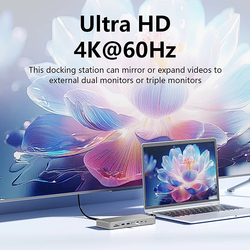 Blueendless 16 ក្នុង 1 ជាមួយម៉ូនីទ័របី 4K អេក្រង់ប្រភេទ C Hub ស្ថានីយ៍ចត Lan RJ45 អាដាប់ទ័រ 10Gbps USB 3.2 Hub SD/TF Reader