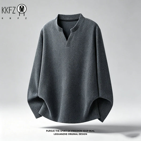 Mens Notched V Neck Long Sleeve Shirt Herringbone Woven Pattern Loose Fit For Daily Casual Occasions