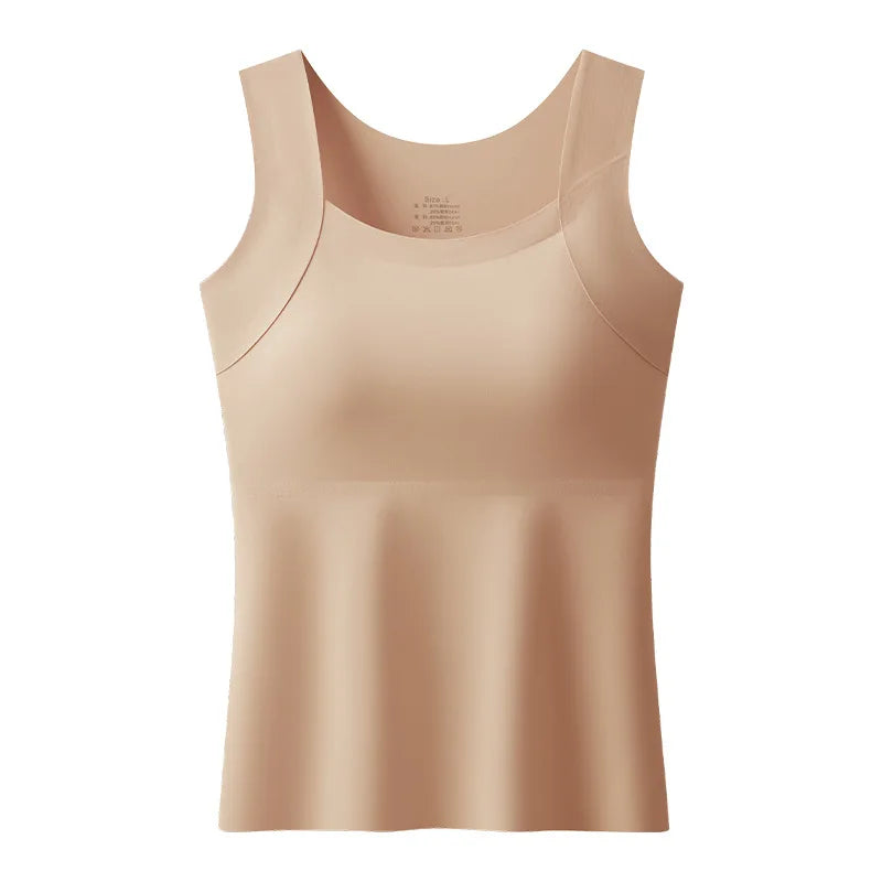 Beauty and Warmth Chest Pad Vest Fixed Cup Bra Integrated Backing Underwear Sleepwear Base Shirt Women One Piece Pajamas Top