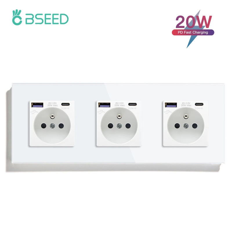 BSEED French Standard 20W Fast Charge Port Wall Power Socket Double France USB Type-C Electrical Outlets Crystal Glass Frame 16A