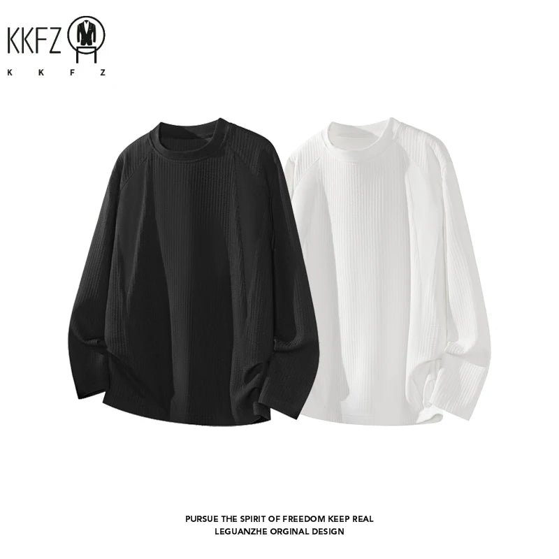 Men Crew Neck Vertical Rib Long Sleeve Base Tee Raglan Seam Soft Stretchy Fabric For Daily Layering Street Style Outfit