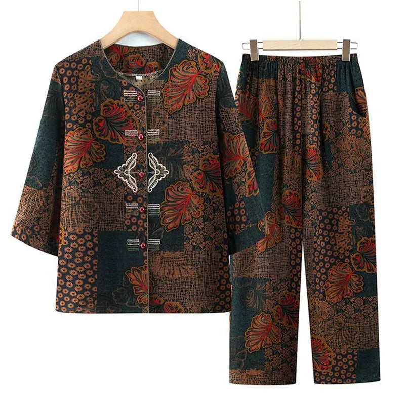 សំលៀកបំពាក់យាយ XL-5XL ឈុតគេងសម្រាប់យាយ ឈុតថ្មីសម្រាប់រដូវផ្ការីក រដូវស្លឹកឈើជ្រុះ ឈុតគេងសម្រាប់ស្ត្រី ឈុតប៉ាក់កប្បាស ឈុតនៅផ្ទះ ទំហំធំ ឈុតសម្រាប់ម្តាយនៅខាងក្រៅ