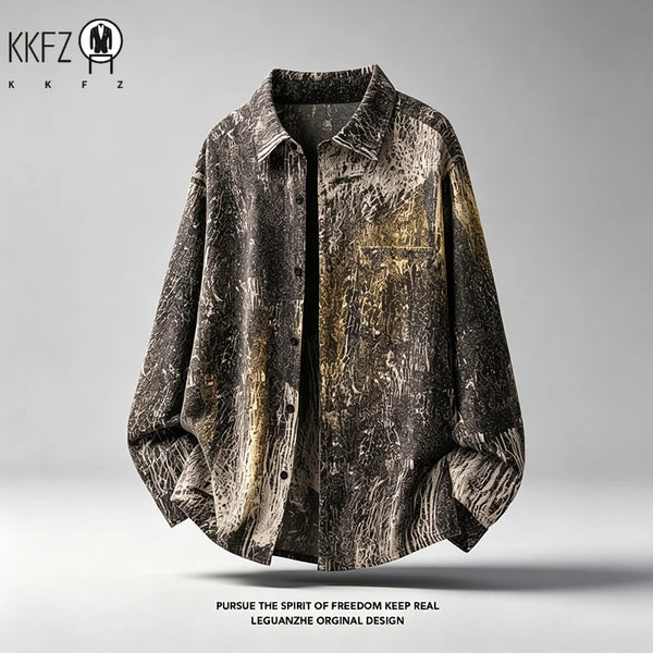 Mens Vintage Texture Graffiti Shirt Turn Down Collar Long Sleeve Button Front Relaxed Streetwear Casual Outerwear