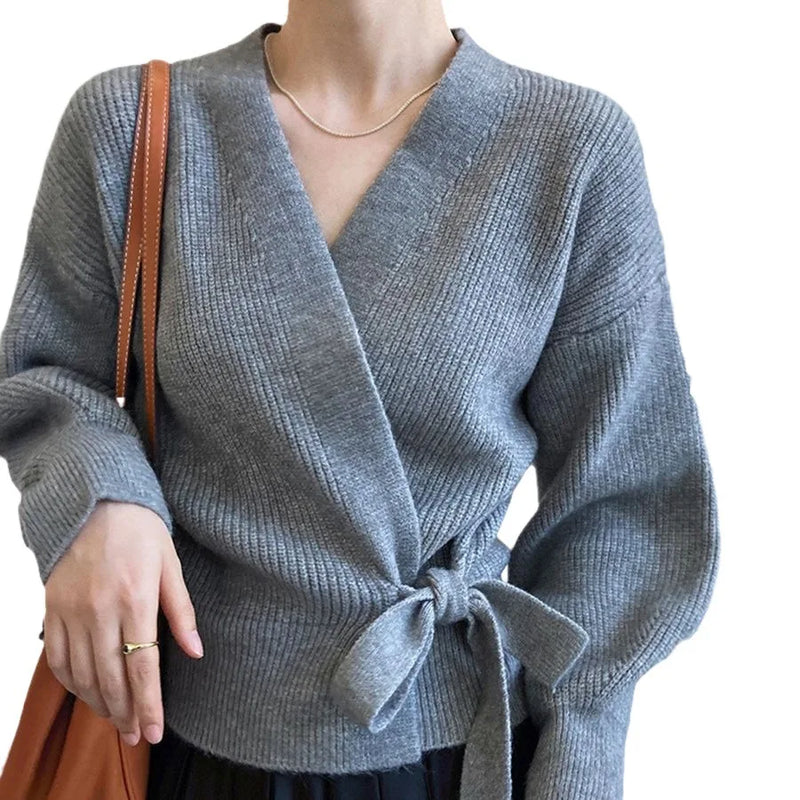 Korean Thin Sweater Outerwear Top Autumn and Winter French V-neck Lace Up Fashion Knitted Cardigan Women Slim Jumper