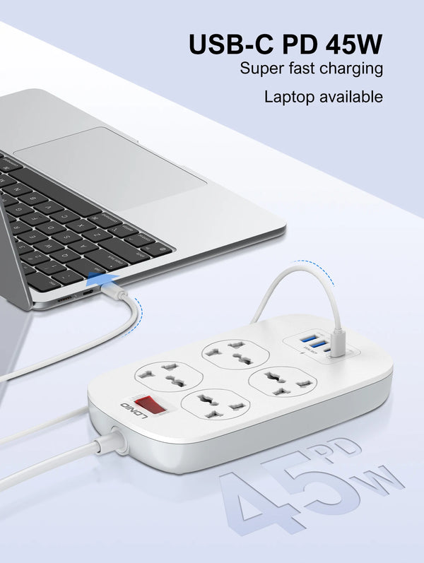 រន្ធដោតឌុយភ្លើង LDNIO 45W 4 រន្ធ មានរន្ធ USB C PD សាកលឿន USB-A ការពារការកើនឡើងនៃចរន្តអគ្គិសនី ឌុយ EU US UK